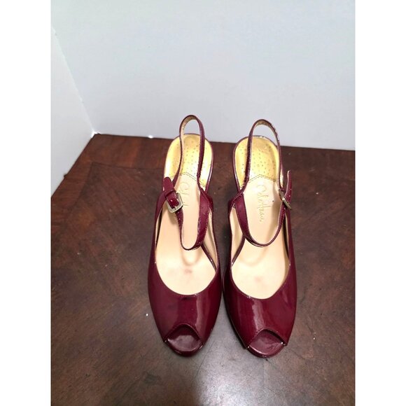 Cole Haan Burgundy Patent Leather Peep Toe Slingback Heels Adjustable Strap Wome - Picture 2 of 12